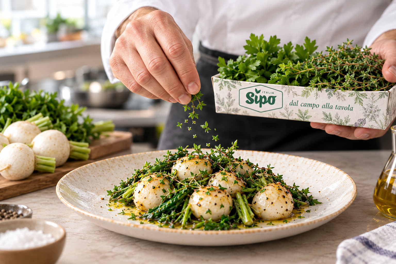 Chef guarnisce verdure bianche alle erbe Chef guarnisce verdure bianche alle erbe