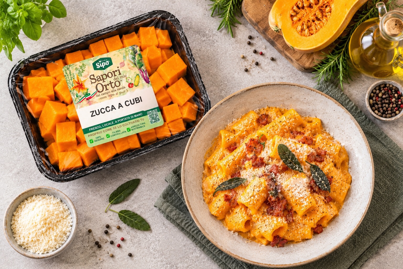 Pasta alla zucca e ingredienti freschi Pasta alla zucca e ingredienti freschi